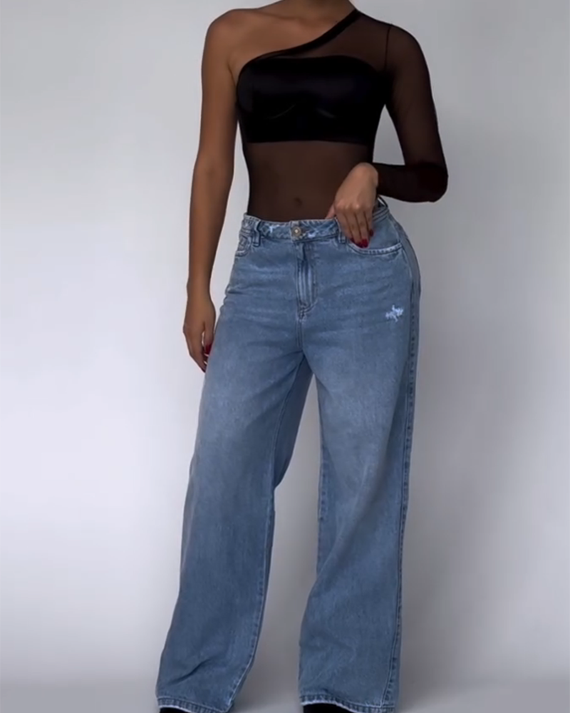 Mesh-top met onregelmatige snit in jumpsuit-stijl