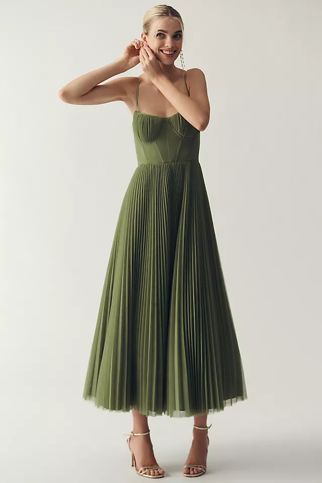 Bustier geplooide tule fit & flare midi-jurk
