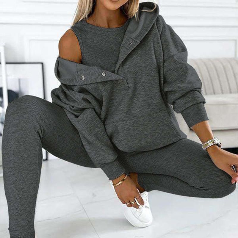 Driedelige damesset, hoodie, strak vest en broek, voor dagelijkse sport, 2025