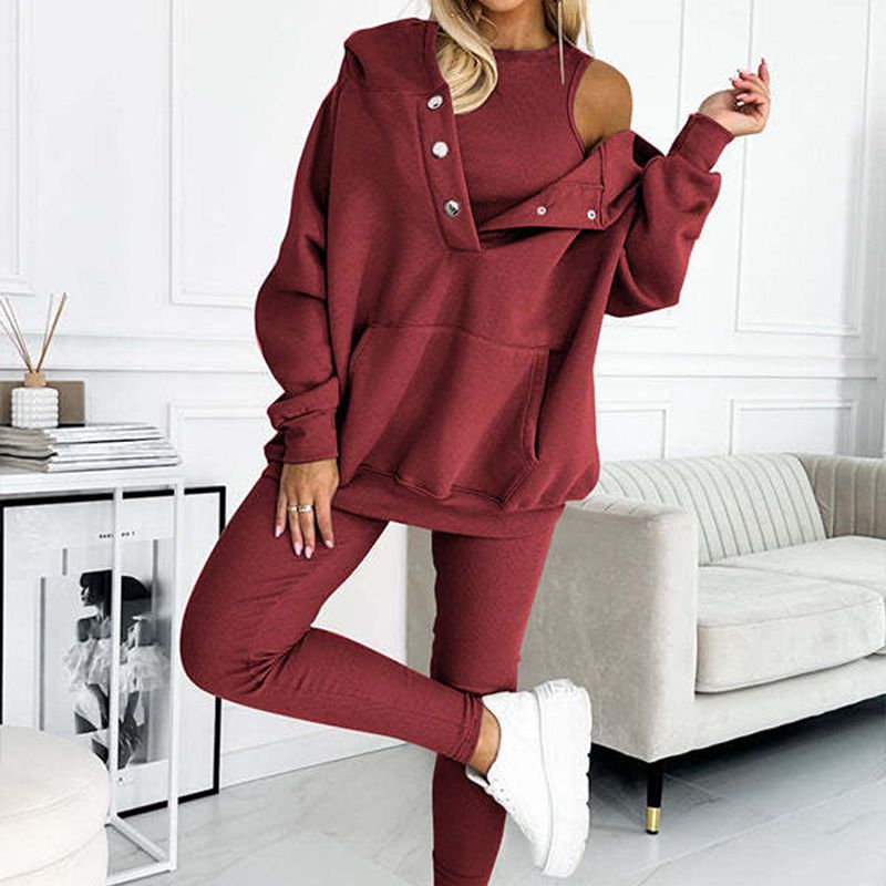 Driedelige damesset, hoodie, strak vest en broek, voor dagelijkse sport, 2025