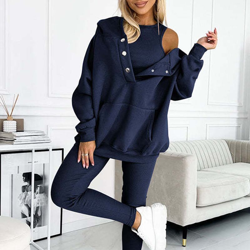 Driedelige damesset, hoodie, strak vest en broek, voor dagelijkse sport, 2025