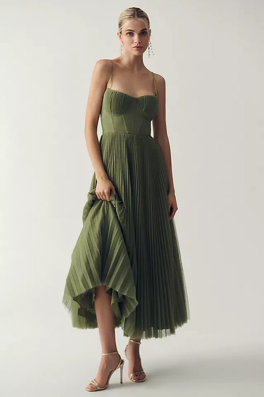Bustier geplooide tule fit & flare midi-jurk