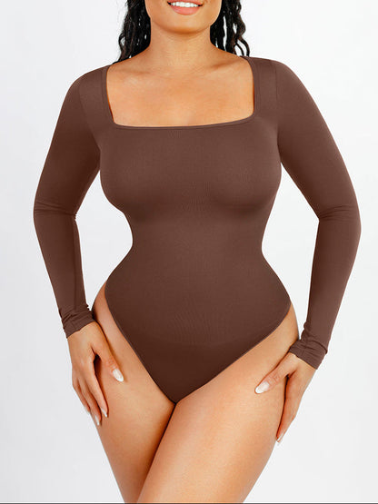 Giulia Square Neck Long Sleeve Thong Bodysuit