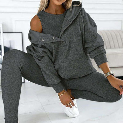 Driedelige damesset, hoodie, strak vest en broek, voor dagelijkse sport, 2025