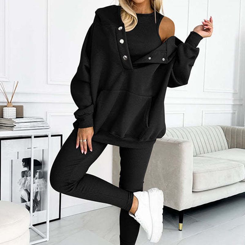 Driedelige damesset, hoodie, strak vest en broek, voor dagelijkse sport, 2025